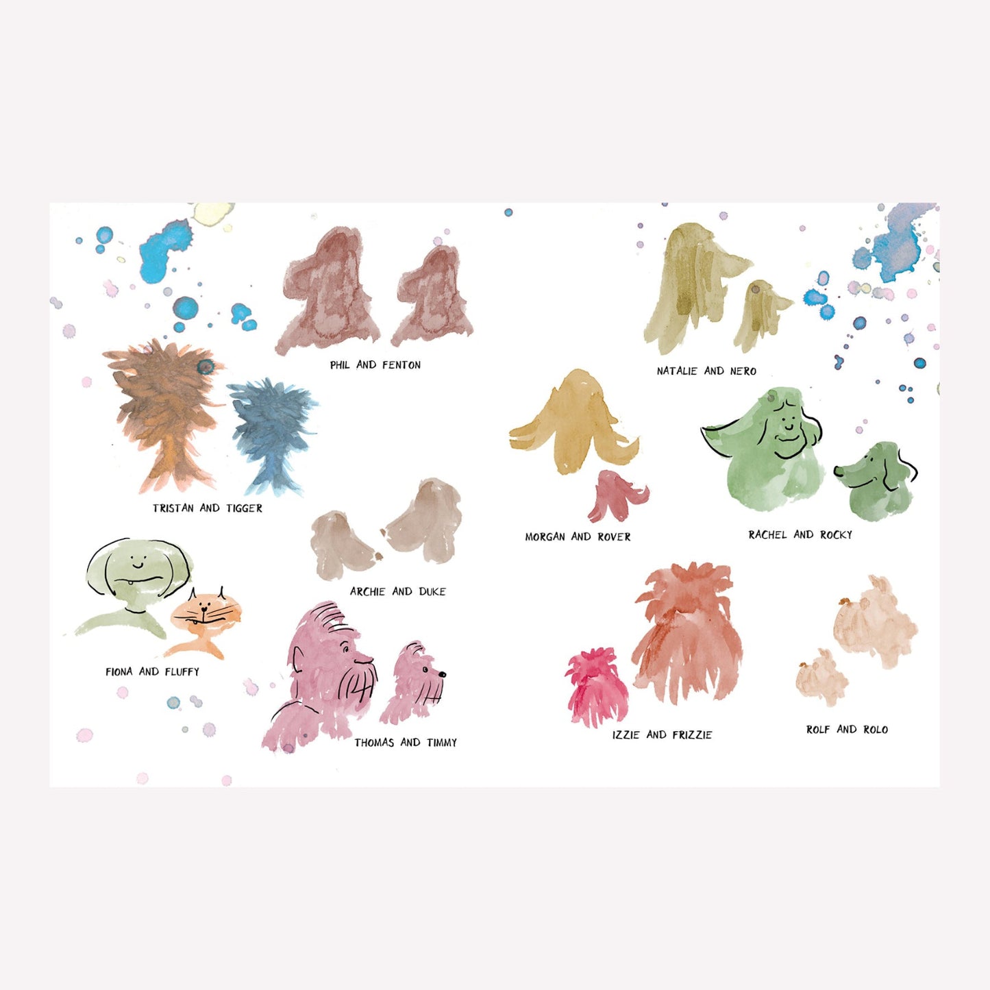 Inside "Hirameki: Cats and Dogs", with a page featuring lots of colour that can be transformed into pets and their owners with lines and dots.