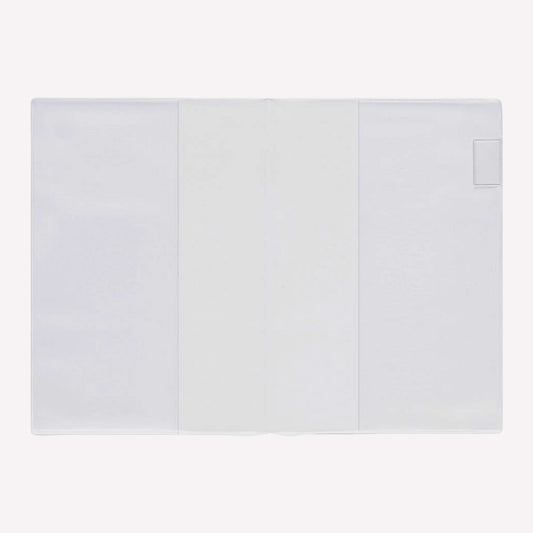 MD clear PVC notebook cover to designed to fit the MD A5 notebook, shown open with a clear pen loop on the side.