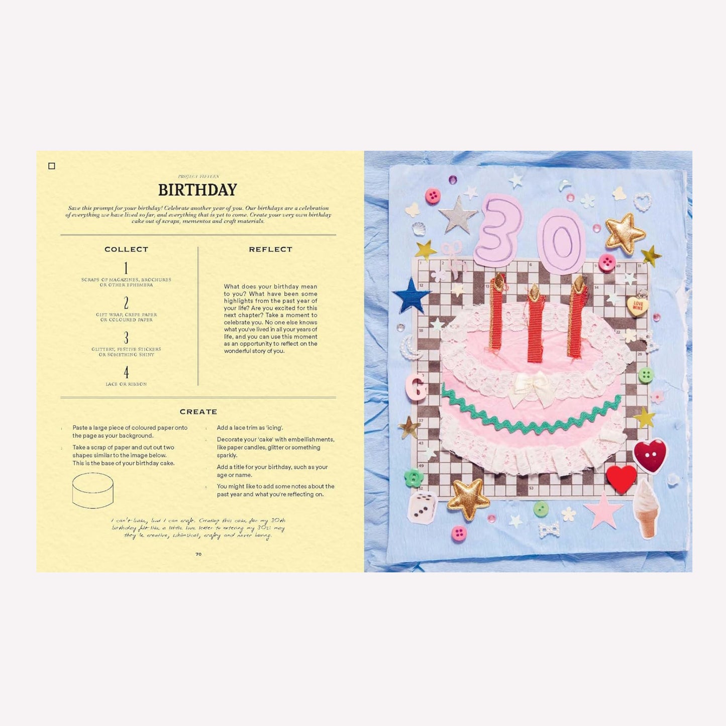 Inside "A Year of Junk Journaling" by Martina Calvi. Pages include a birthday themed journal project alongside a look at Martina's 30th birthday journal page.