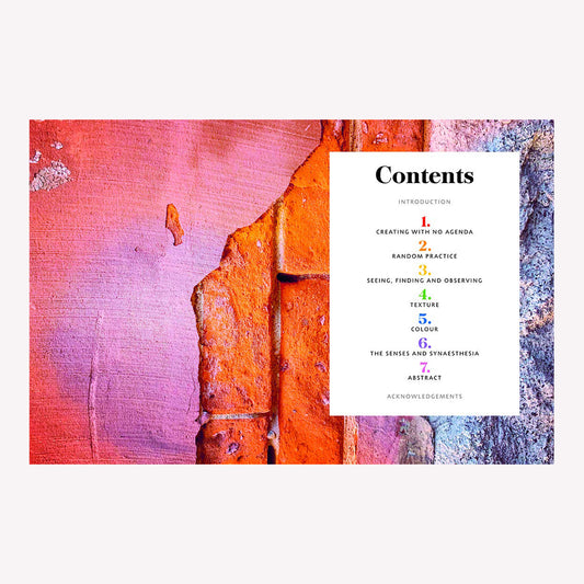 Inside “Conscious Creativity: The Workbook” by Philippa Stanton. This double page spread features beautiful, bright colours and textures over a contents page for the creative journal.