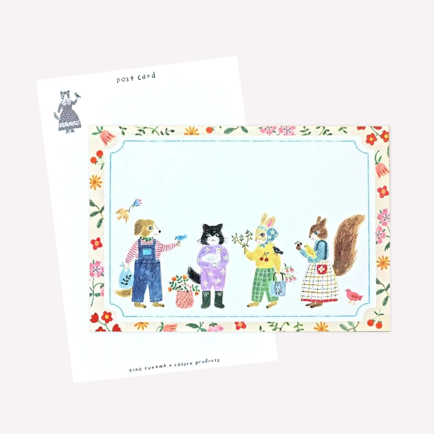 Cozyca Aiko Fukawa postcard design featuring four animal characters dressed in cute outfits holding bouquets of flowers within a floral border. The revers features a postcard design with space to write a message.
