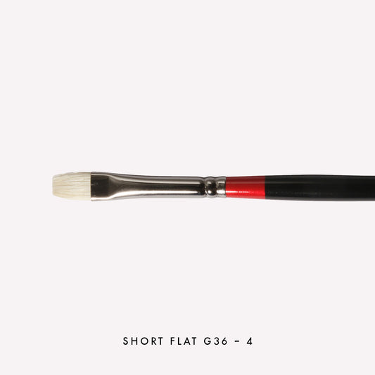 Daler-Rowney Georgian short flat paintbrush in size G36-4. Brushes have a classy black handle with red detailing and a silver ferrule.
