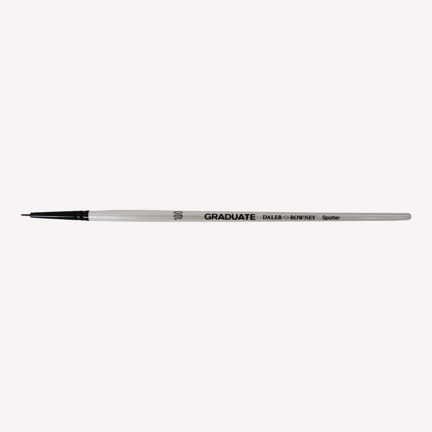 Daler-Rowney graduate synthetic spotter brush in size 10/0. Short, fine bristles are ideal for painting fine lines and details. Brushes have a white handle and black ferrule.