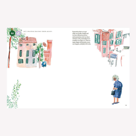Inside “Drawing Nature” by Viktorija Semjonova. This double page spread features an activity to help you draw older adults and play with scale.