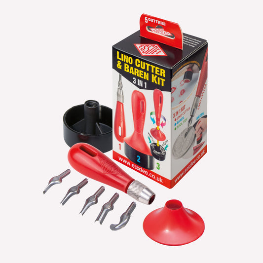 Contents of Essdee 3 in 1 Lino Cutting Set with a robust handle, 5 cutting tools, and a base to convert the handle into a burnishing tool. Packaged in a compact box.