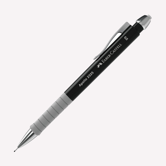 Faber-Castell Apollo 2325 0.5 Mechanical Pencil in black, with a coloured barrel and rubber grip area, topped with a small white eraser.