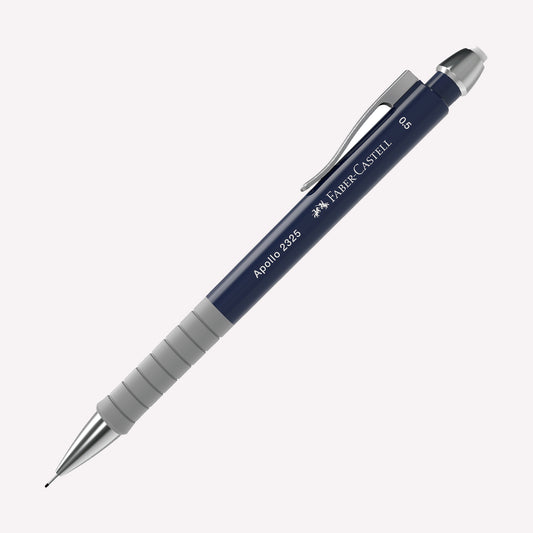 Faber-Castell Apollo 2325 0.5 Mechanical Pencil in dark blue, with a coloured barrel and rubber grip area, topped with a small white eraser.