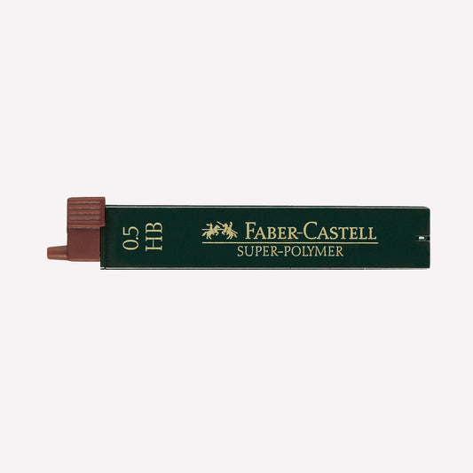 Faber Castell pack of 12 HB 0.5mm Super Polymer Leads in a green package with a brown lid.