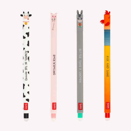 "Farm Sweet Farm" limited edition animal erasable gel pens by Legami. This set of four gel pens includes a Cow (black ink), Pig (pink ink), Donkey (green ink) and a Rooster (red ink).