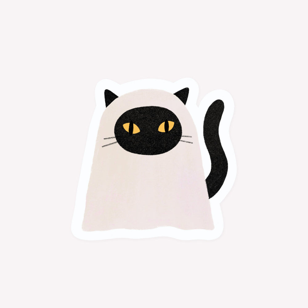 Illustrated die-cut sticker of a black cat wearing a white sheet ghost costume.