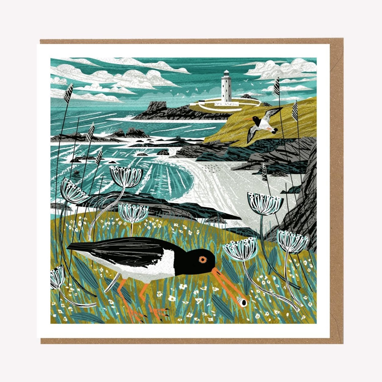 An illustrated greetings card by Matt Johnson, featuring his 'Godrevy Oystercatcher' Cornwall artwork. The square card is paired with a kraft brown envelope.