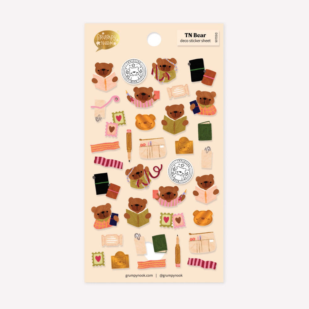Bear themed deco sticker sheet by Grumpy Nook. Includes journalling, travellers notebook, pencil case and stamp sticker designs as well as a sweet teddy bear character. Presented on a transparent backing, perfect for journalling and sketchbooking.