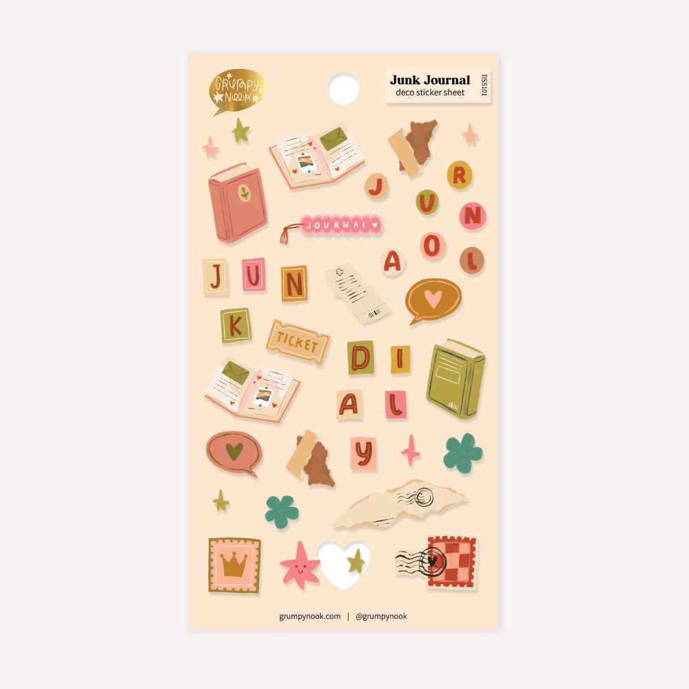 Junk journal themed deco sticker sheet by Grumpy Nook. Includes letters to spell 'daily junk journal' as well as illustrations of sketchbooks, tickets, stamps and stars.
