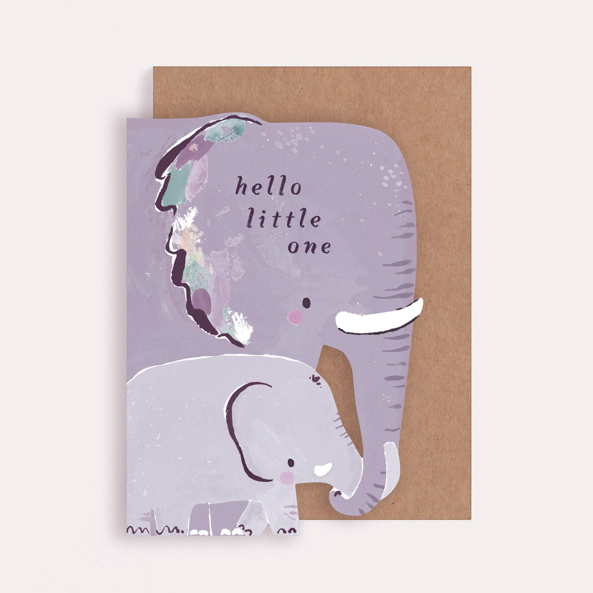 An illustrated greetings card by Sister Paper Co in the shape of a mother and baby elephant, with text that reads "Hello Little One".