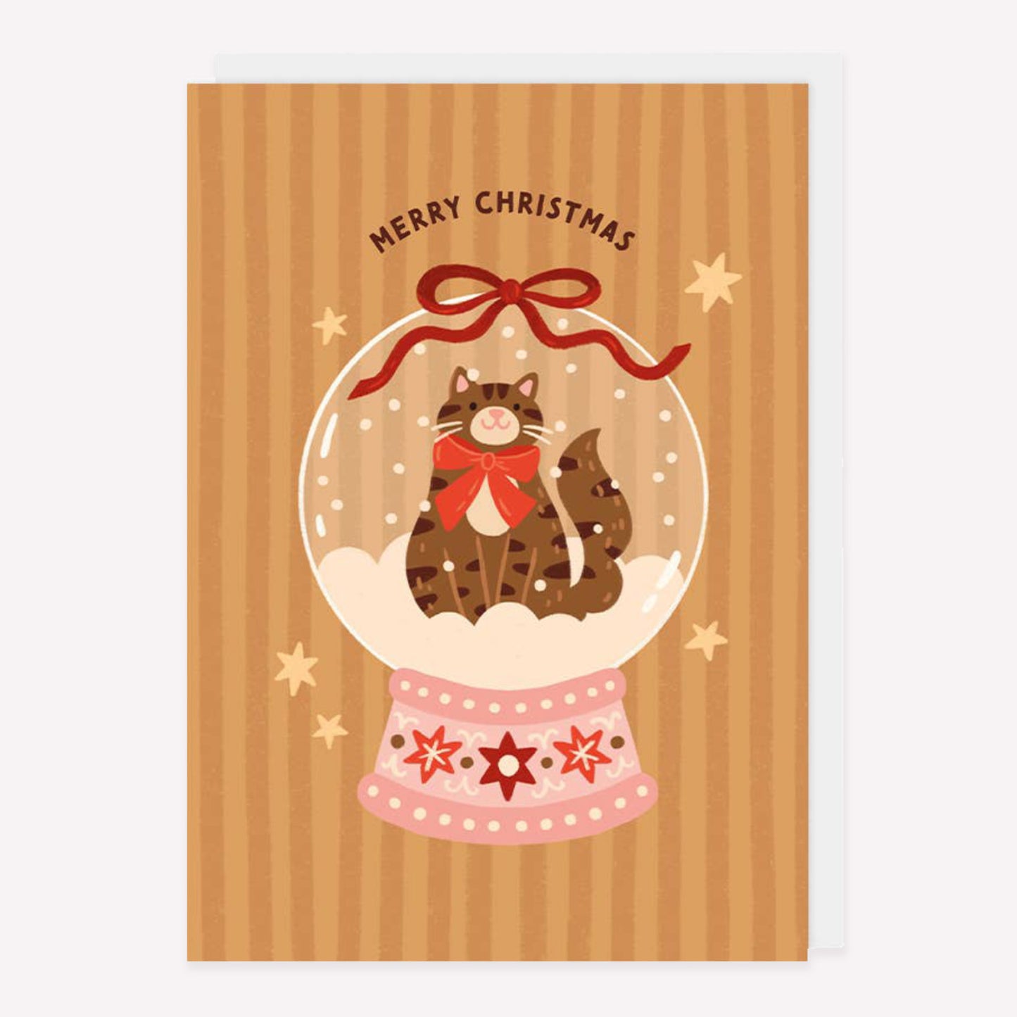 Illustrated Christmas greetings card featuring a cat in a snow globe with a ribbon and "Merry Christmas" text.
