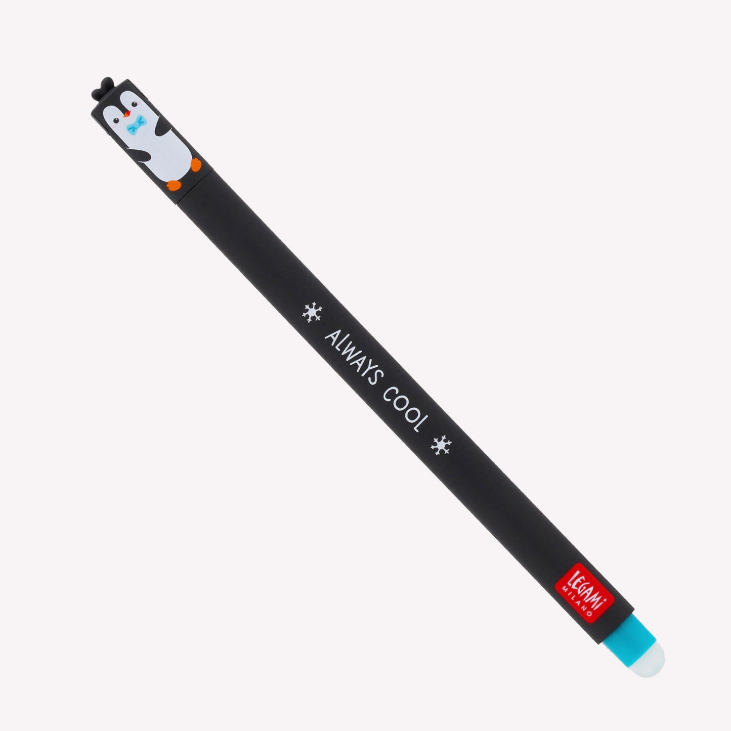 Penguin Legami erasable gel pen with a penguin design on the lid. The barrel of the pen is black and printed with the text "Always Cool".