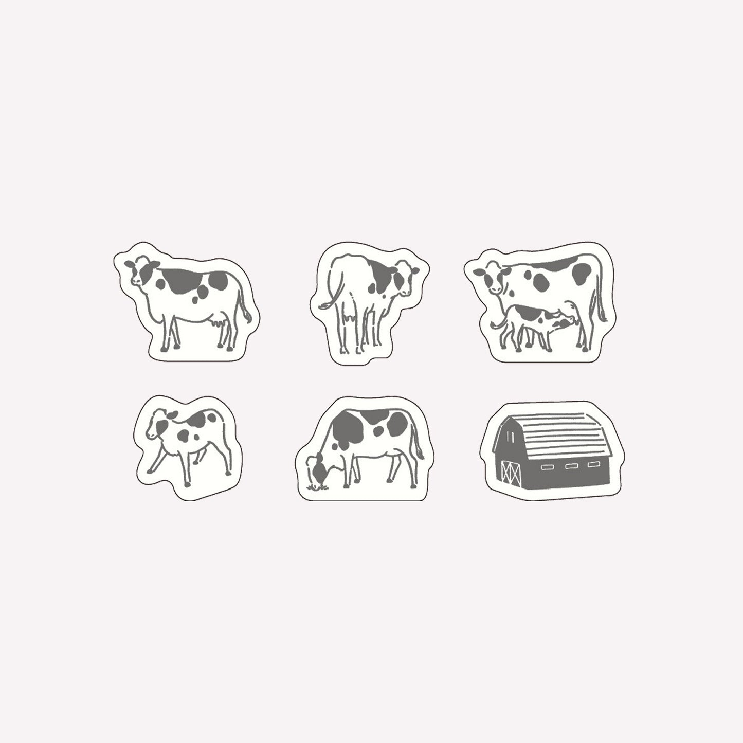 Matoka Ah La La cow themed flake washi stickers including six different designs of cows, calfs and a barn.