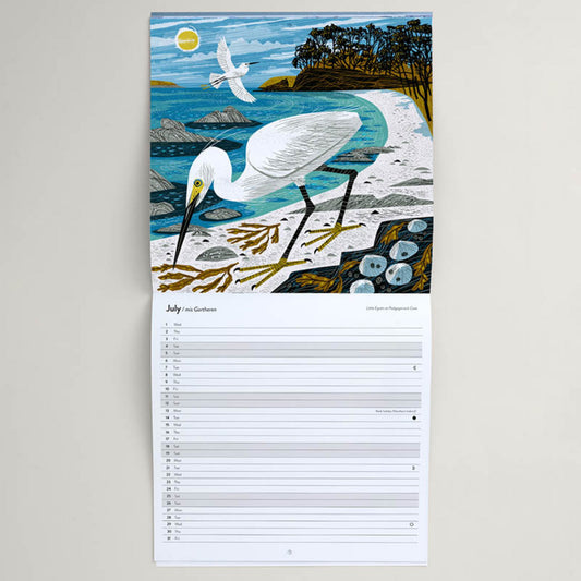 Inside Matt Johnson's ‘Lizard & Helford Birds' Cornwall wall calendar for 2026. The calendar is opened on July, with a full illustration of a little Egret on the Helford River at the top and the dates of the month below.
