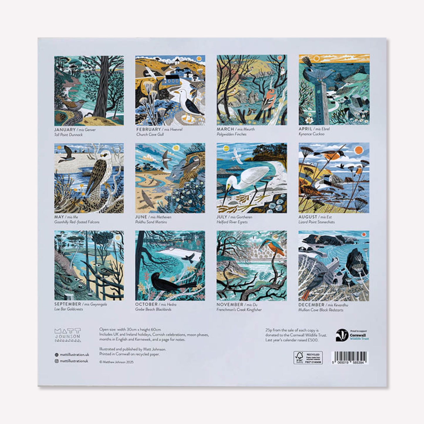 The back of Matt Johnson's ‘Lizard & Helford Birds' Cornwall calendar for 2026. The illustration for each month is shown in a grid layout.