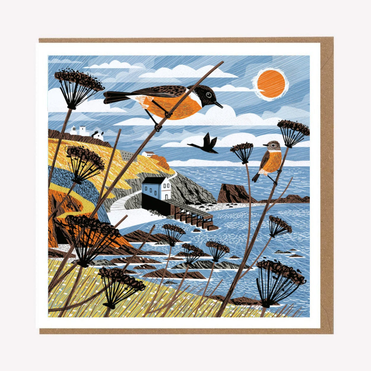 Lizard Point Stonechat Cornwall Greetings Card