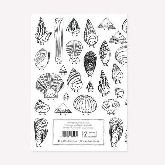 Back cover of an A5 notebook with a soft cover featuring a handdrawn pattern of shell characters on a white background. Contains 140 alternating blank and lined pages. By Matt Johnson.