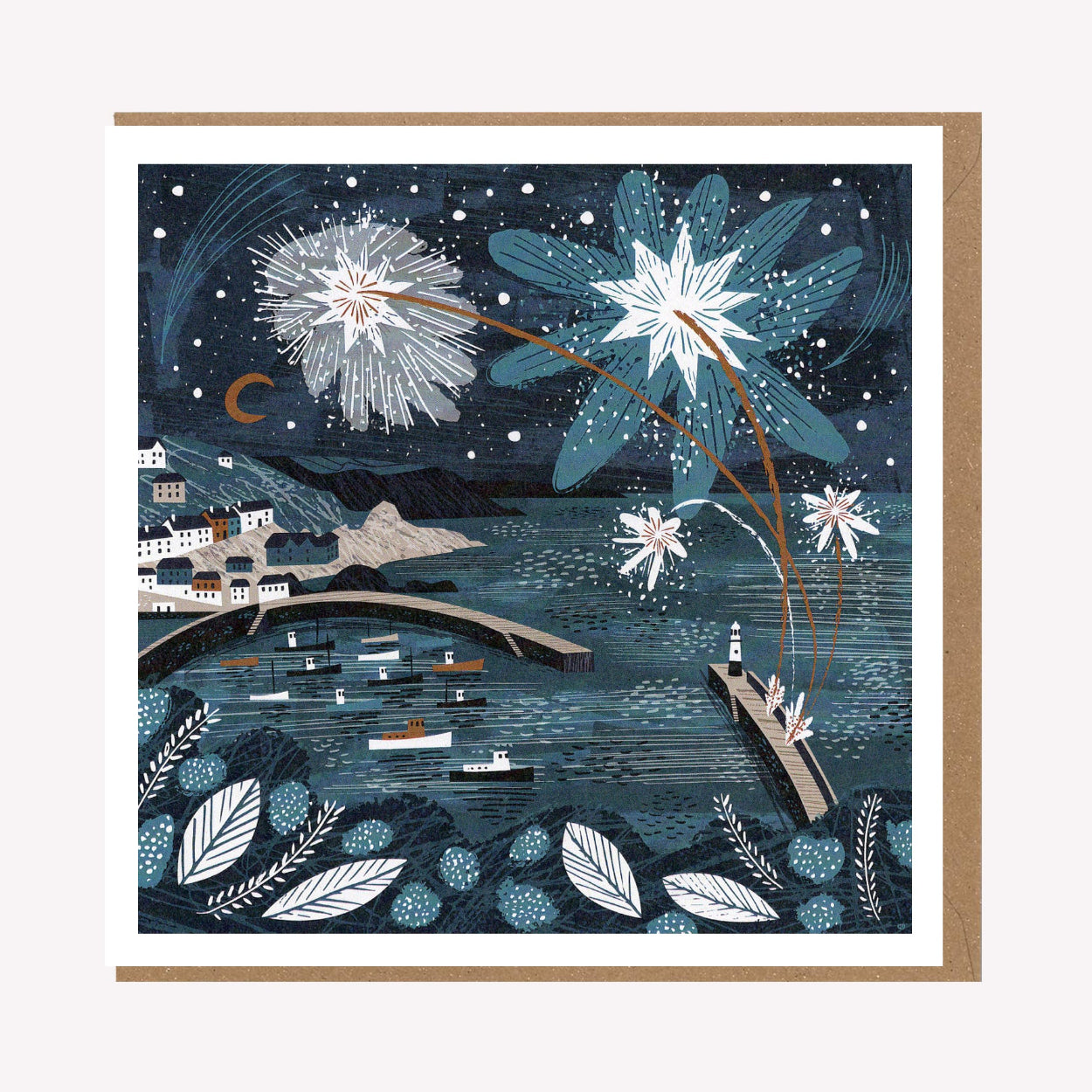 An illustrated greetings card by Matt Johnson, featuring his 'Mevagissey Fireworks' Christmas artwork. The square card is paired with a kraft brown envelope.
