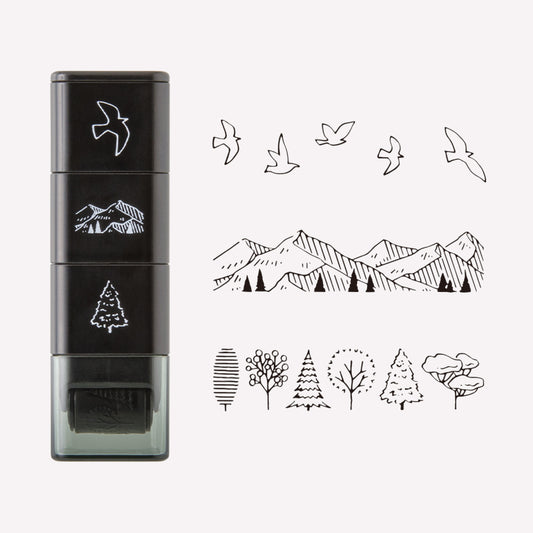 Set of 3 Midori paintable ink roller stamp, featuring mountain, tree and bird designs.