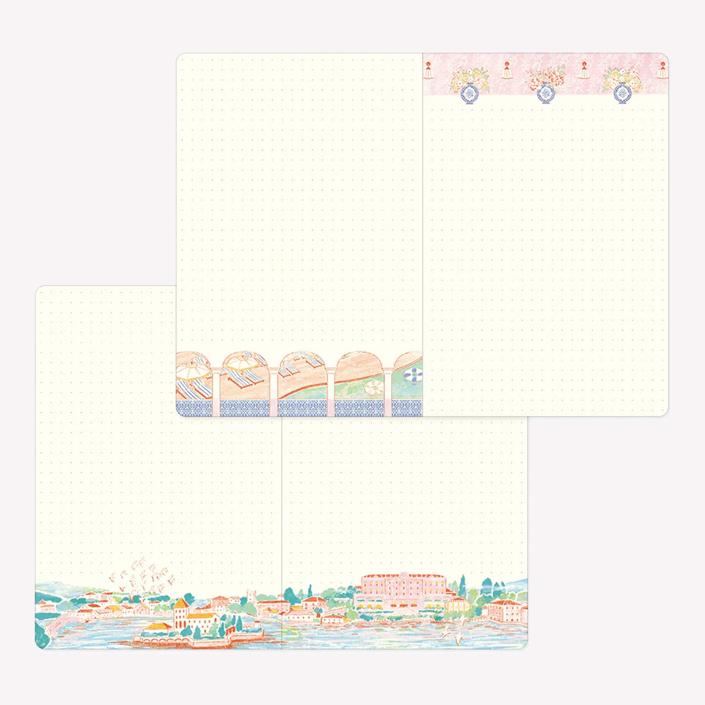Inside the Midori Travel and Hotel Yuru Log. Dot grid pages feature decorative borders with illustrated scenes including a hotel swimming pool and riverside view.