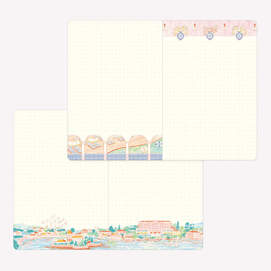 Inside the Midori Travel and Hotel Yuru Log. Dot grid pages feature decorative borders with illustrated scenes including a hotel swimming pool and riverside view.