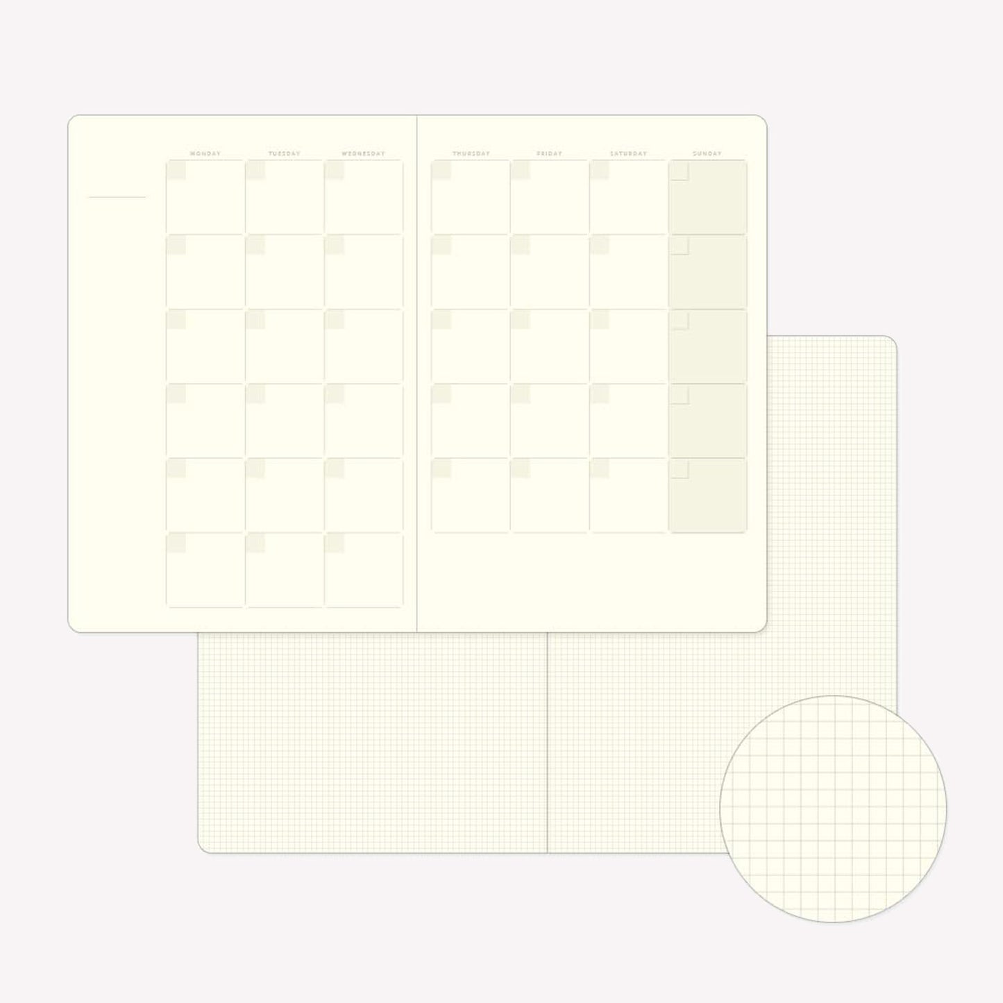 Inside pages of the Midori Yuru Log Free Diary Monthly featuring an undated monthly calendar spread and 2mm square grid pages.