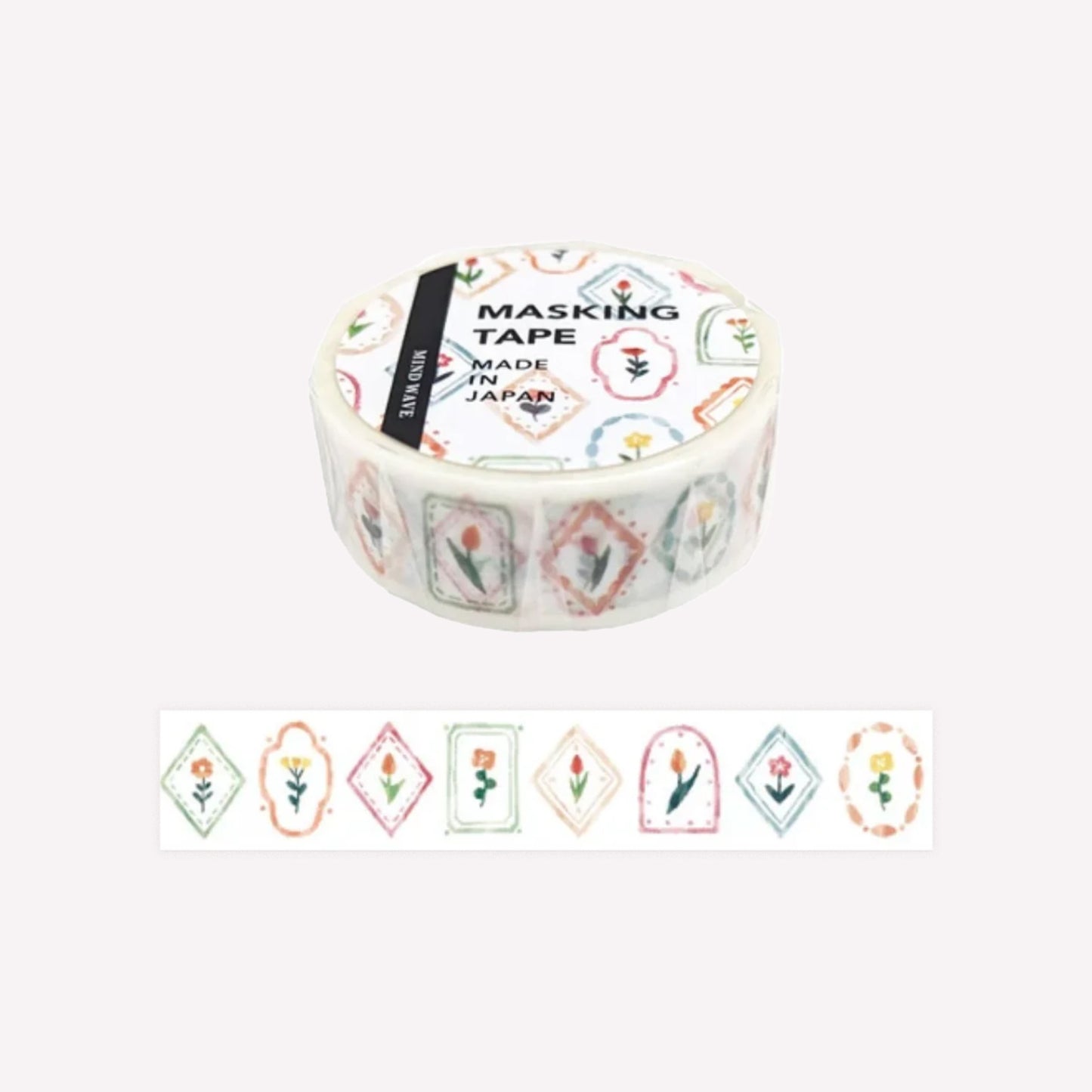 Mind Wave paper masking washi tape featuring a pattern of flowers in frames on a white background.