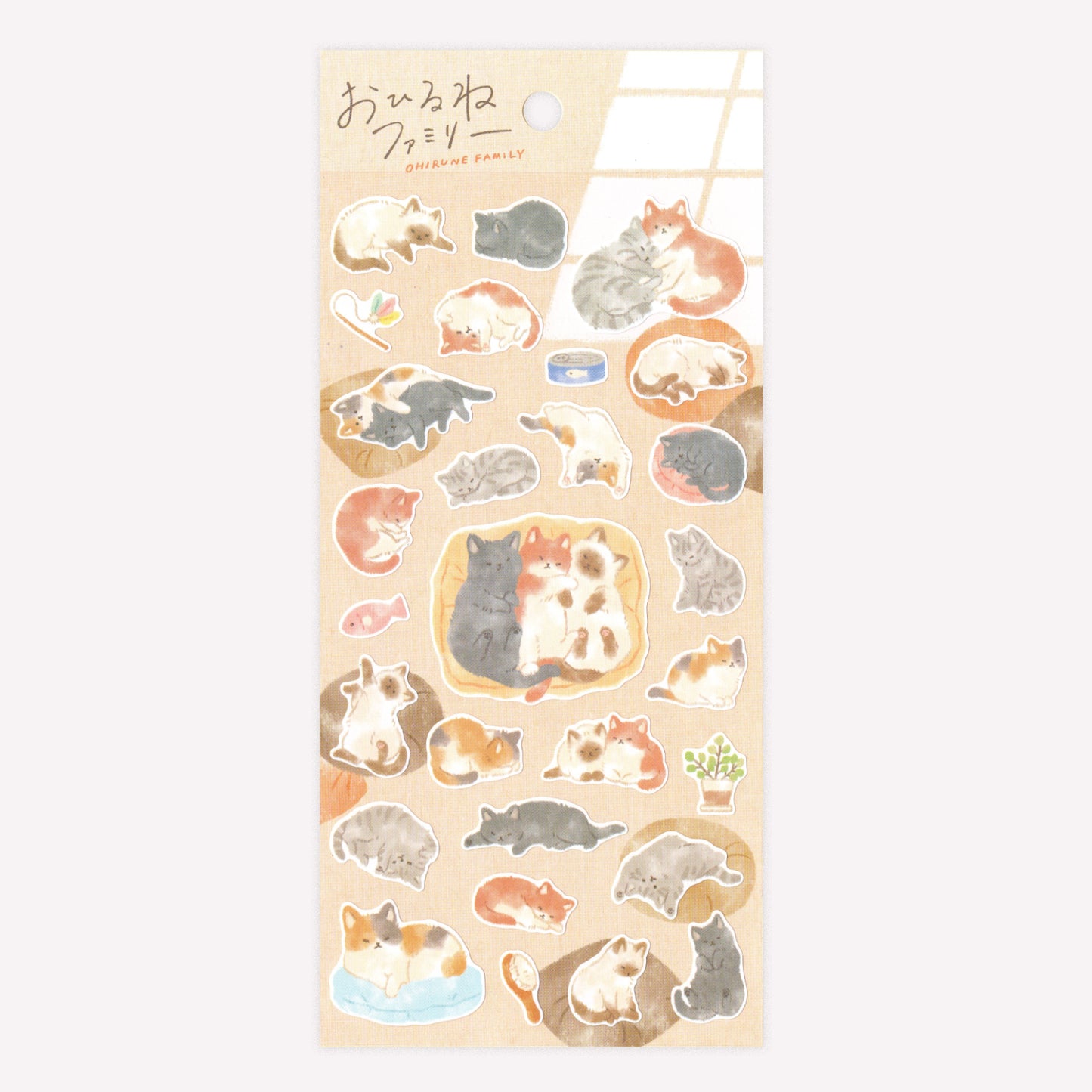 Mindwave Ohirune Family Kitten Sticker sheet featuring sleepy illustrated cats napping on pillows on a soft beige background.