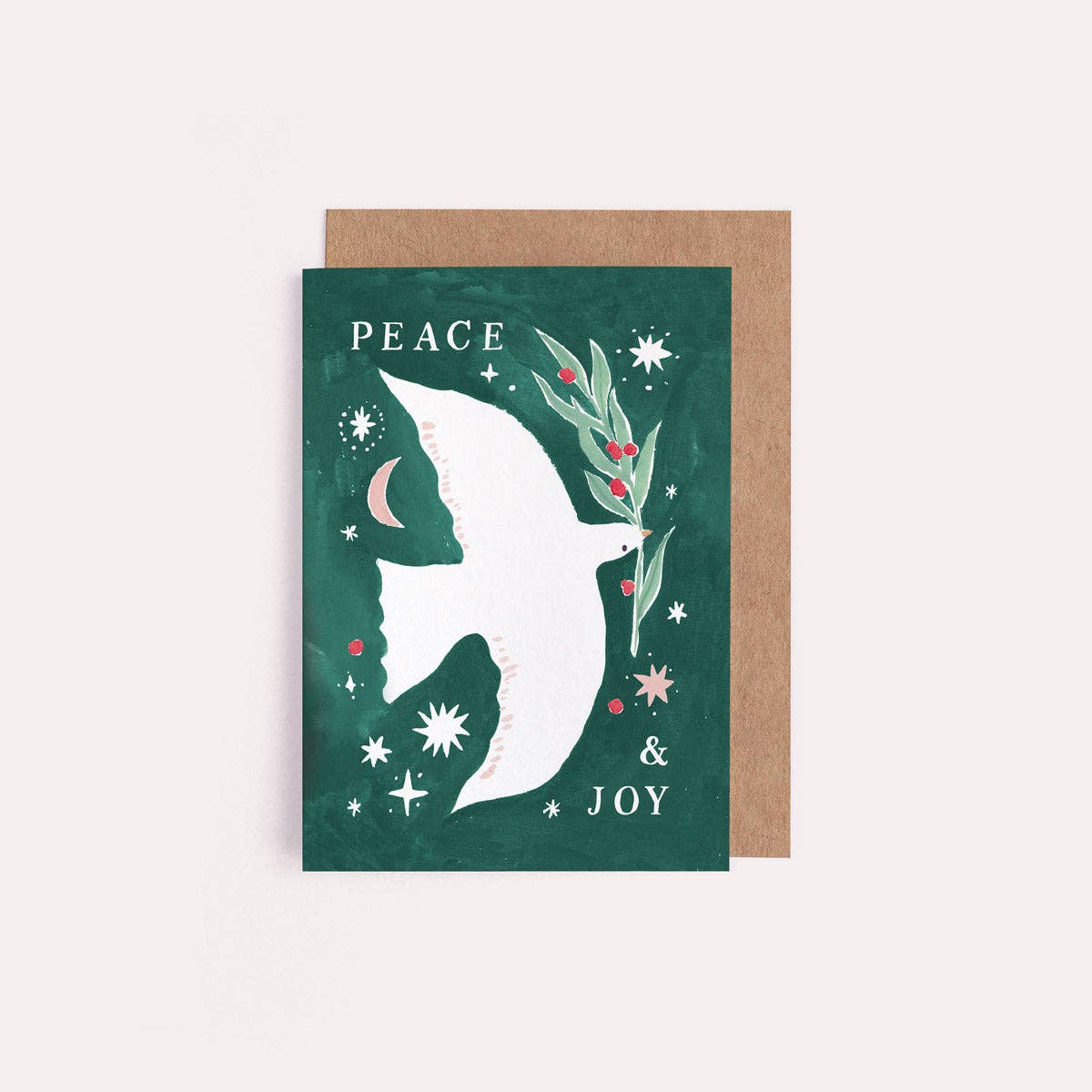 Mini A7 greetings card with a hand-painted illustration of a white dove and text that reads "Peace & Joy" by Sister Paper Co.