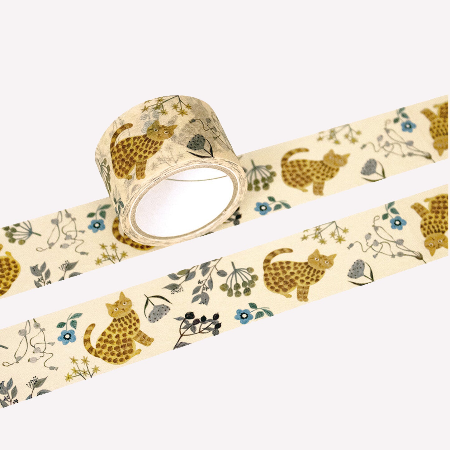 Miyuki Matsuo roll and swatch of masking tape with floral and "Rosette" cat design on a on a cream background.