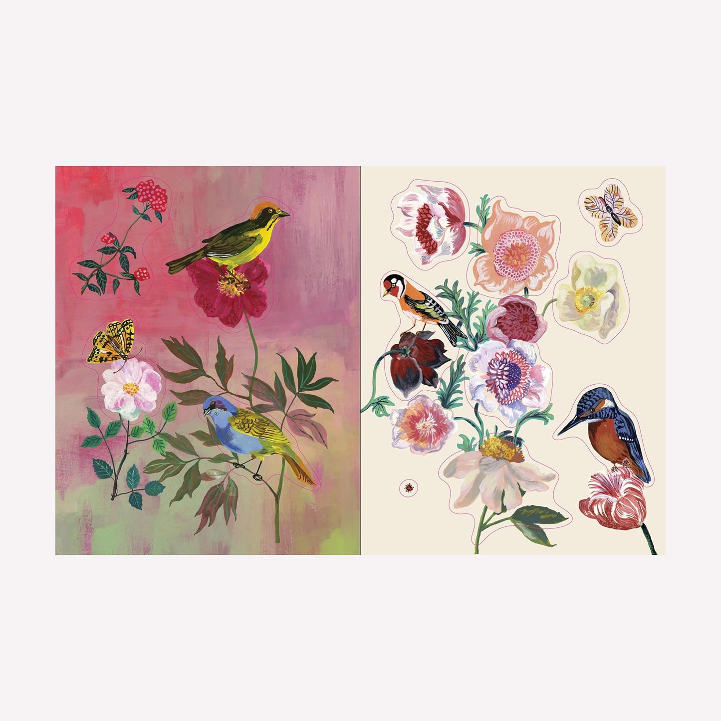 Pages in Nathalie Lete's sticker book featuring beautifully illustrated bird, butterfly and floral stickers.