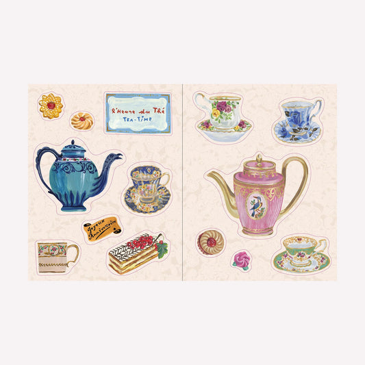 Spread in Nathalie Lete's sticker book featuring whimsical tea party themed stickers.