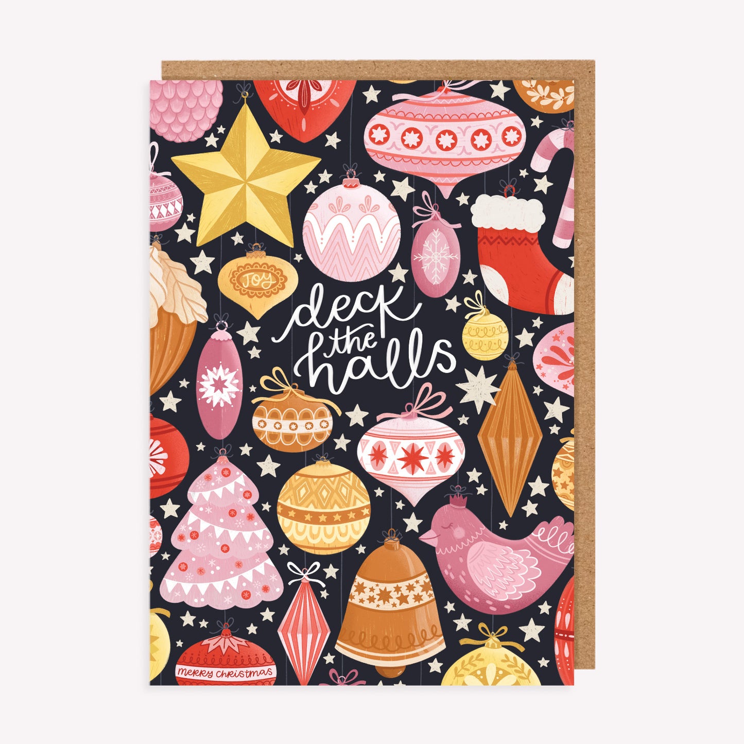 Christmas greetings card with a pink and red pattern of vintage inspired baubles and handwritten text reading 'deck the halls', paired with a kraft envelope.