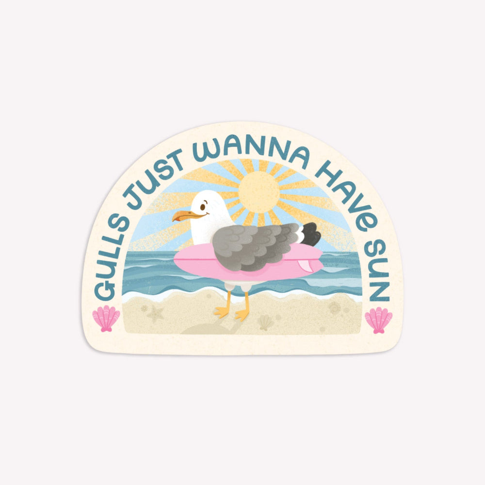 Illustrated sticker featuring a seagull holding a surfboard, with text above reading "Gulls Just Wanna Have Sun".