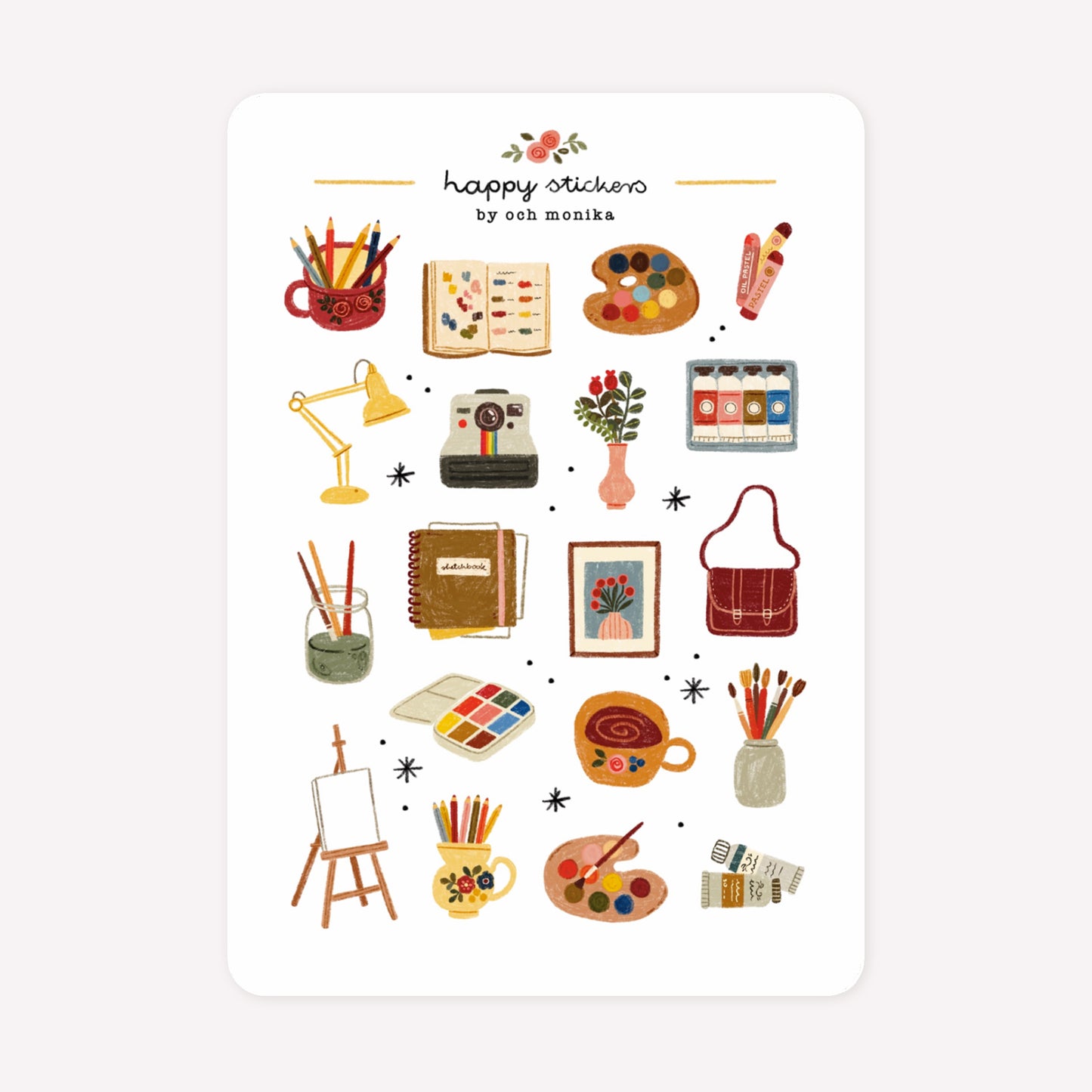 Artist themed sticker sheet by Och Monika, with hand-drawn designs including paints and paint palettes, paintbrushes, sketchbooks and canvas artworks.