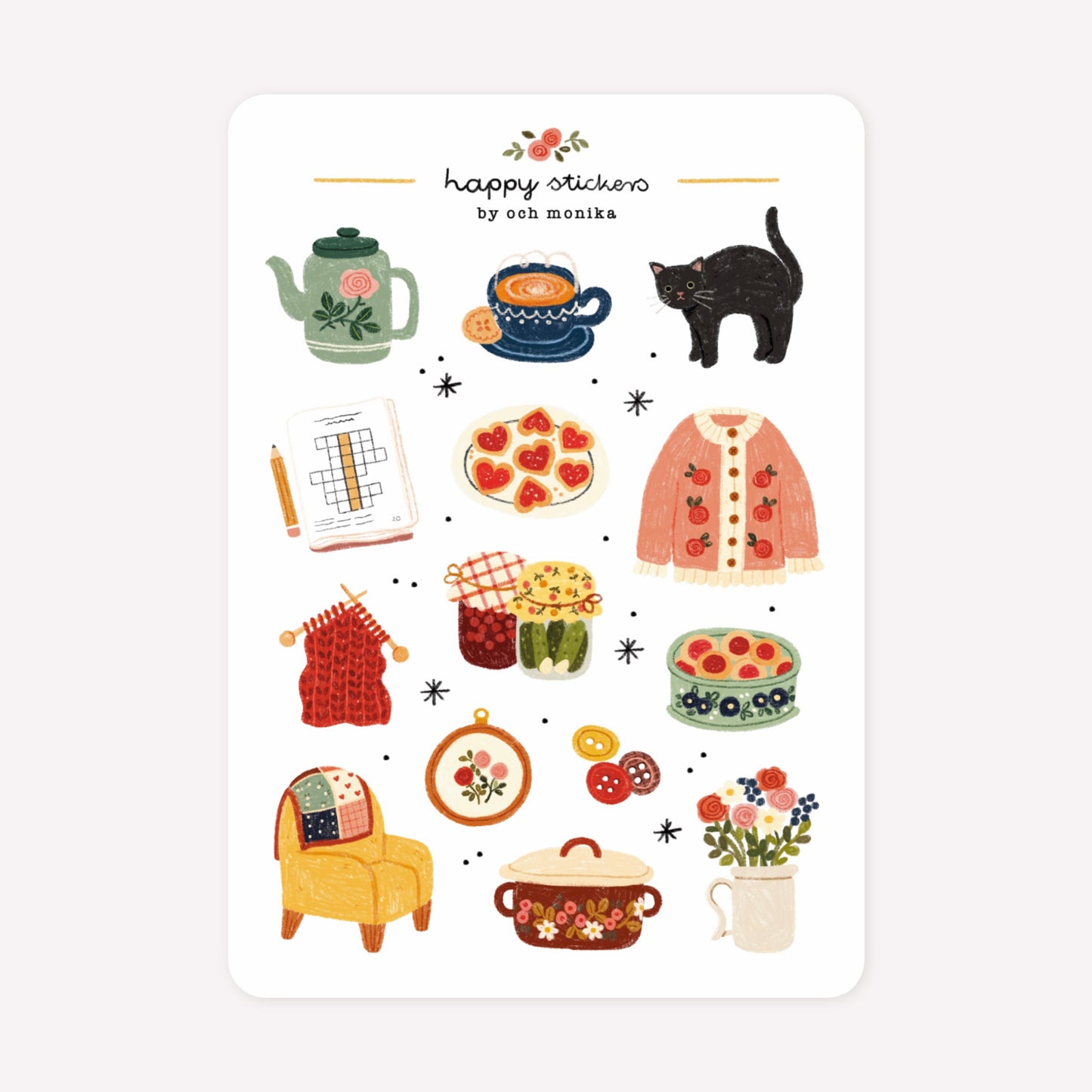 Cosy granny themed sticker sheet by Och Monika, with hand-drawn designs including a black cat, cups of tea, cross-stitch and knitting projects and crosswords.
