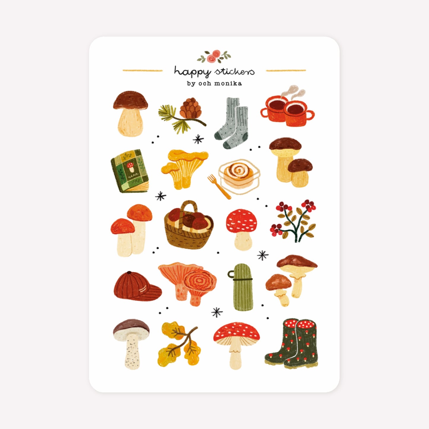 Mushroom themed sticker sheet by Och Monika, with hand-drawn designs including a various mushrooms and toadstools, autumn leaves and hiking gear.