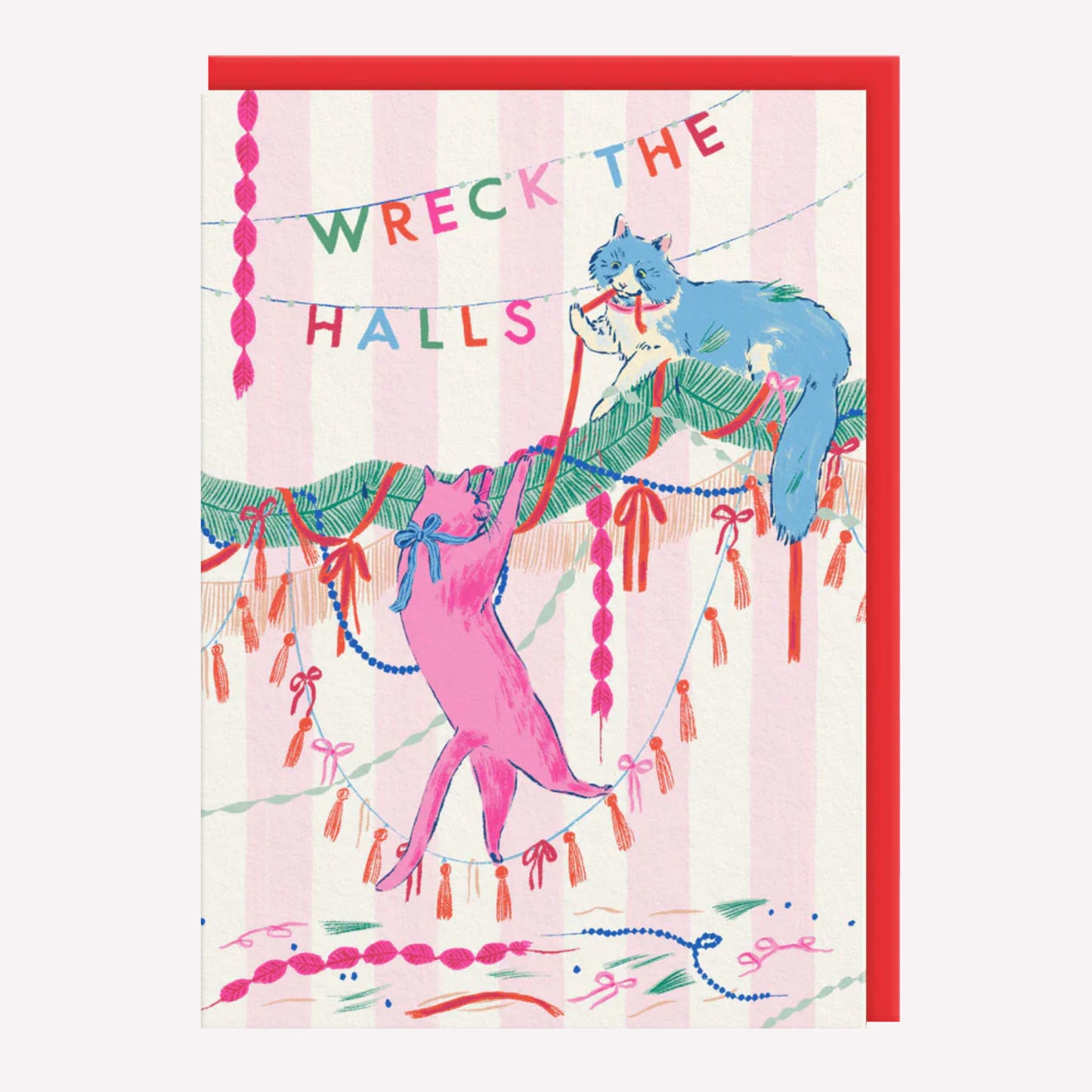 Christmas greetings card featuring two illustrated cats tearing down tinsel and decorations with a poppy red envelope. Text reads "wreck the halls."