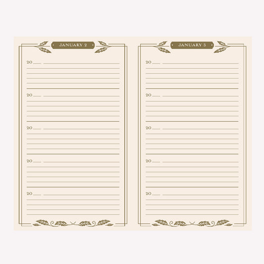 Inside "One Line A Day: A Five Year Memory Book" gilded edition. Each page is dedicated to a day of the year, with space for writing five years worth of memories down.