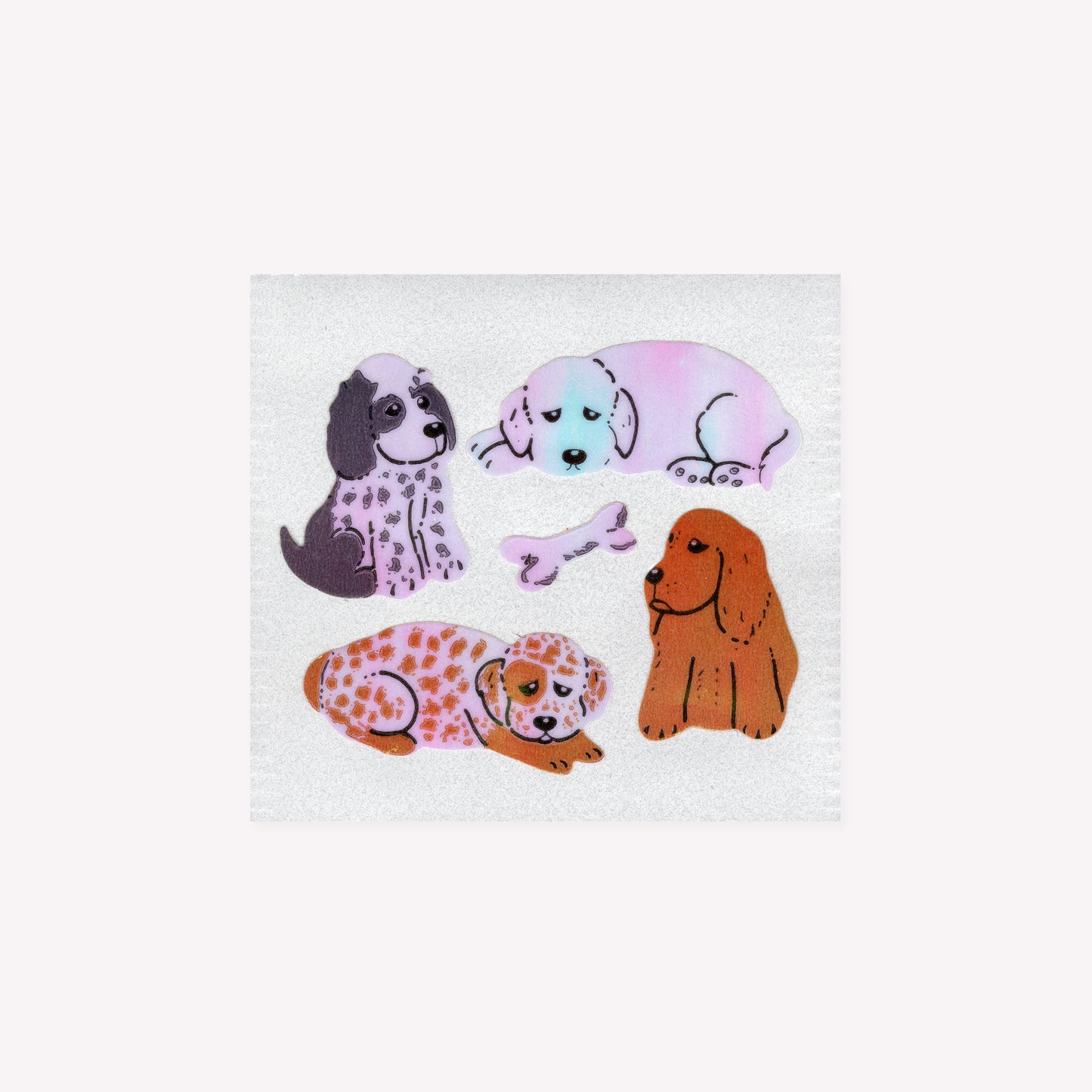 Five pearlie, shiny puppy and bone stickers on a mini sticker sheet from Stickermagic.