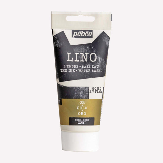 A tube of Pebeo's water-based lino block printing ink in metallic gold.
