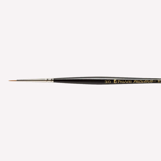 Pro Arte’s Prolene round paintbrush in size 101-3/0. Brushes have synthetic bristles, an ergonomic black handle and a silver ferrule.