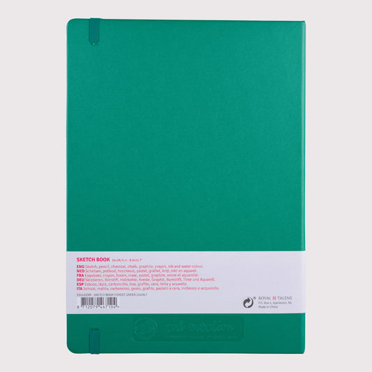 Back of the Royal Talens Art Creation A4 sketchbook with a vibrant forest green cover, 80 cream coloured pages and an elastic closure.