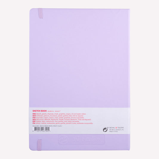Back of the Royal Talens art creation A4 sketchbook in Pastel Violet, with an elastic closure and 80 cream coloured pages for creative projects.