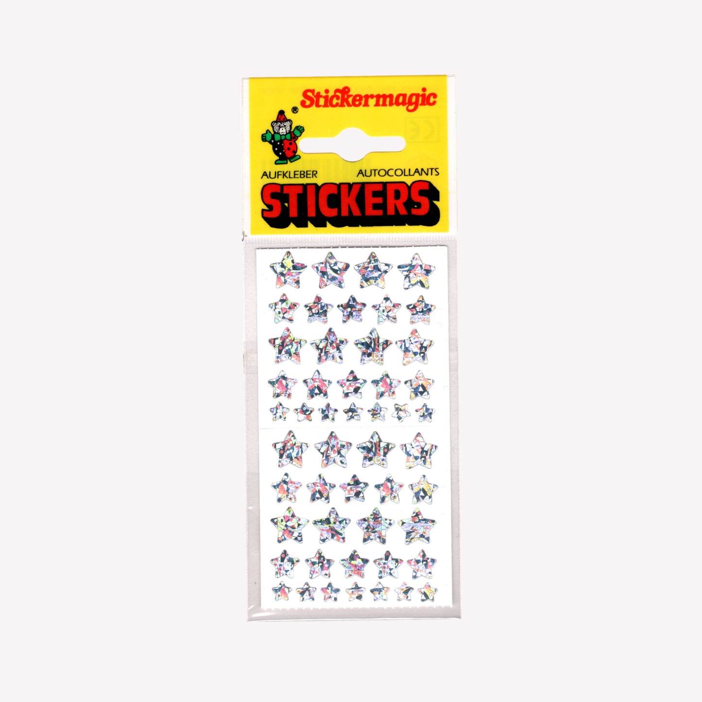 Stickermagic set of 2 primsatic sparkly star sticker sheets, packed with a yellow vintage label.