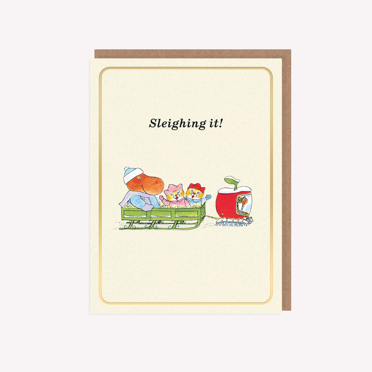 Sleighing It! Apple Car Richard Scarry Christmas Mini Greetings Card